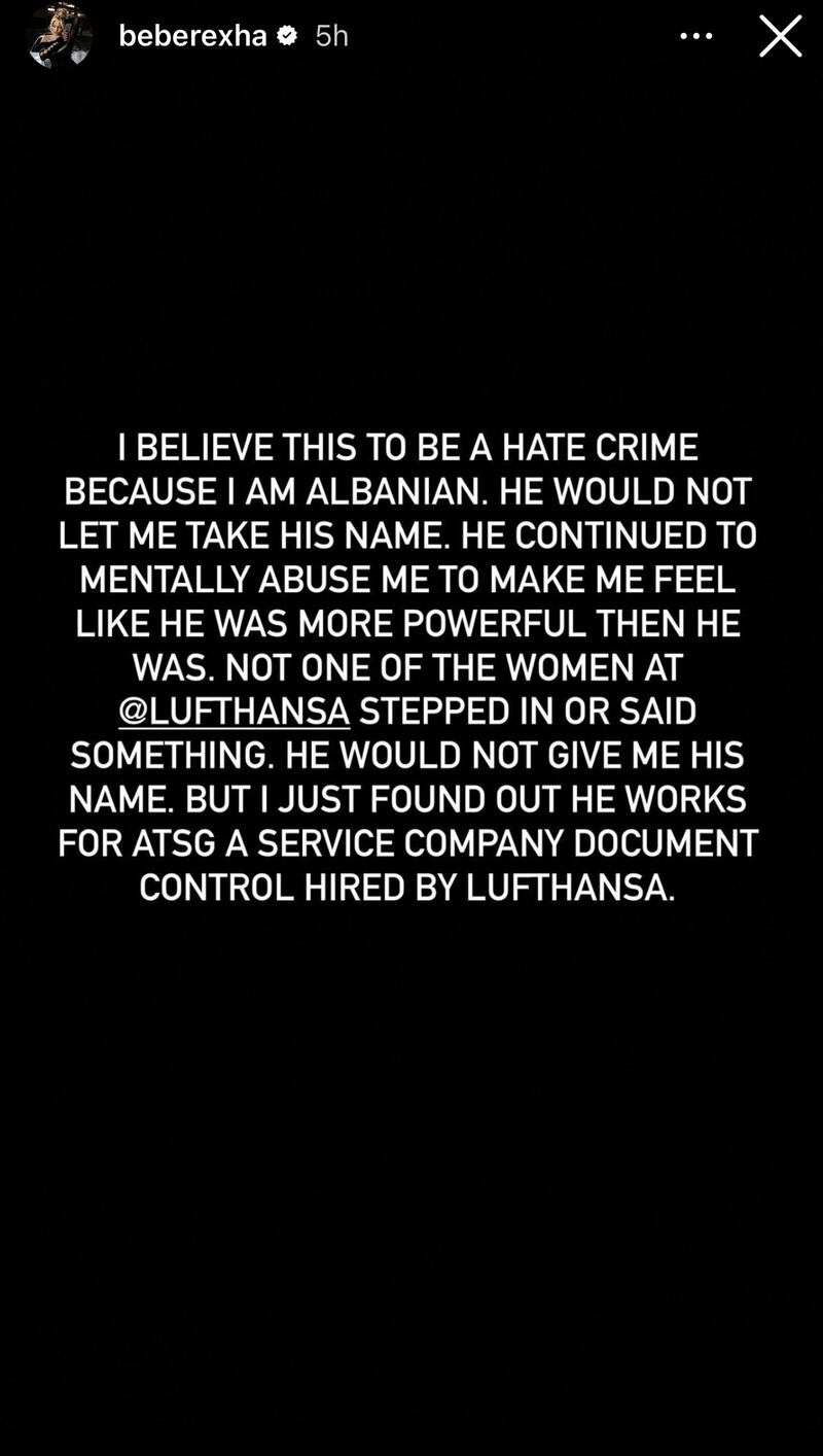 A screenshot of Bebe Rexha's Instagram Story following up on her alleged "hate crime."