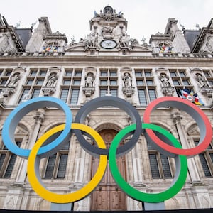 This general view shows the Olympic rings on display in front of The City Hall in Paris on March 13, 2023, ahead of the 2024 Olympic Games.