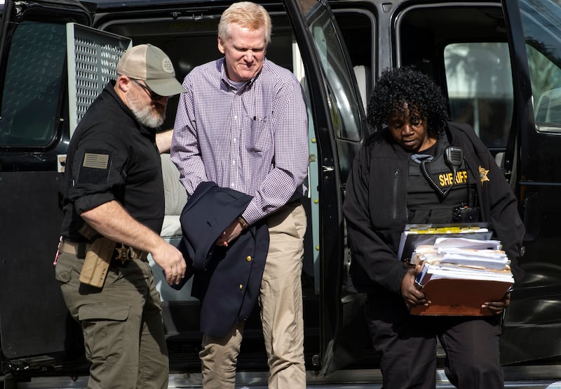 A photograph of Alex Murdaugh being escorted back into the courtroom for his double murder trial at the Colleton County Courthouse on Wednesday, Feb. 8, 2023, in Walterboro, S.C. 