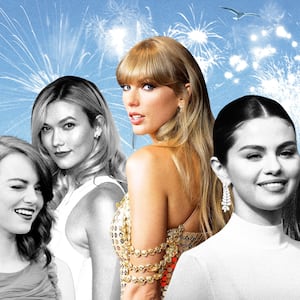 An illustration including photos of Taylor Swift, Karlie Kloss, Emma Stone, Lena Dunham, Selena Gomez, and July 4th Fireworks