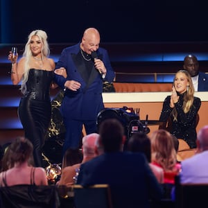 Kim Kardashian and Jeff Ross speak onstage during G.R.O.A.T The Greatest Roast Of All Time: Tom Brady for the Netflix is a Joke Festival at The Kia Forum on May 05, 2024 in Inglewood, California. 