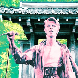 A photo illustration of David Bowie and the Kokedera Kyoto garden.