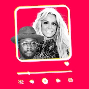 Photo illustration of Britney Spears and will.i.am on a pink background