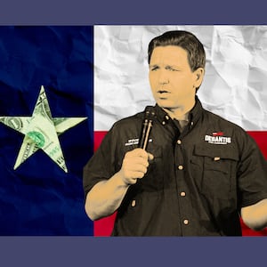 An illustration of Ron Desantis standing in front of a Texas flag.