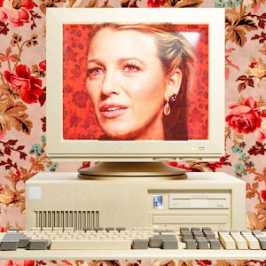 Blake Lively in an old computer with a floral background