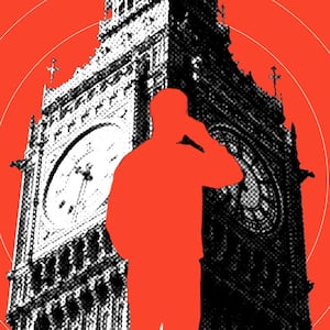 A photo illustration of a person’s silhouette in front of a black-and-white image of Big Ben, against a red backdrop.