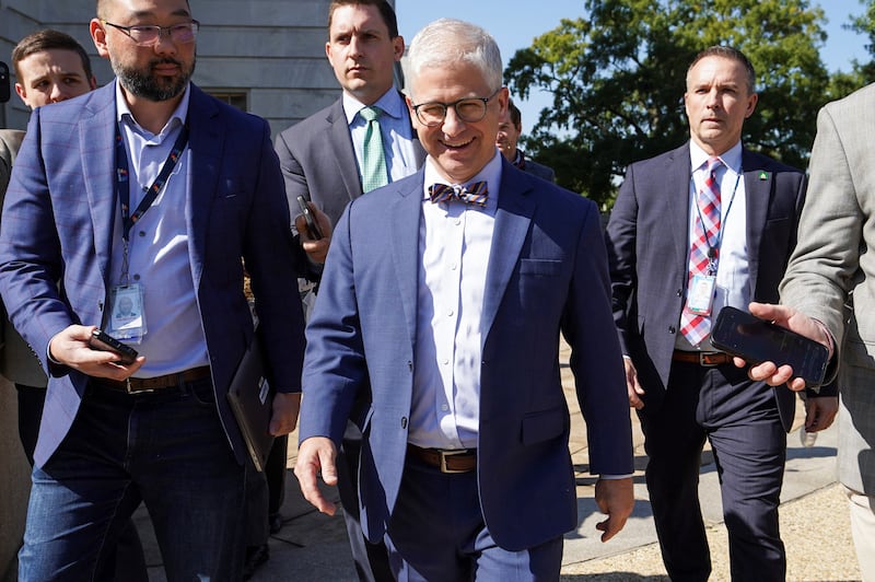 Speaker of the House Pro Tempore Patrick McHenry (R-NC) departs a House Republican Conference meeting.