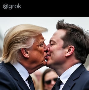 A fake, AI-generated image of Elon Musk and Donald Trump kissing.