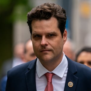 Matt Gaetz arrives for a press conference at the hush-money trial of Donald Trump.