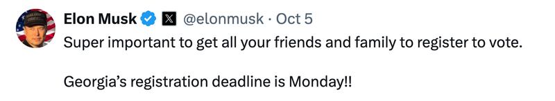 Elon Musk posts about registering to vote