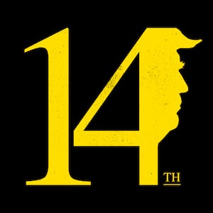 Illustration of the number 14 with Donald Trump’s silhouetted profile coming out of the 14.