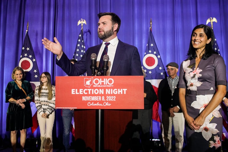 J.D. Vance speaks to supporters with wife Usha Vance in November 2022