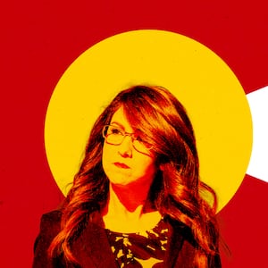 A photo illustration of Rep. Lauren Boebert and the Colorado flag.