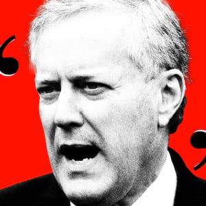 Photo illustration of Mark Meadows with quotation marks around him.