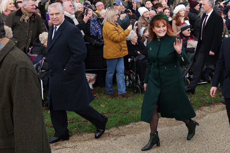 Prince Andrew, Duke of York, left, and Sarah, Duchess of York arrive for the Royal Family's traditional Christmas Day service at St Mary Magdalene Church on the Sandringham Estate in eastern England, on December 25, 2023.