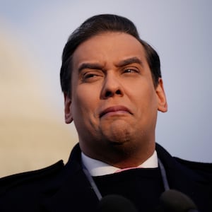 Rep. George Santos (R-NY) talks to reporters outside the U.S. Capitol