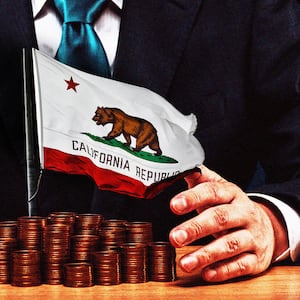 An illustration that includes a photo of a person in a business suit holding money and the Flag of California