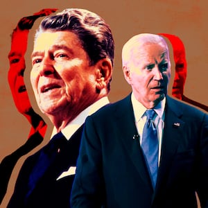 A photo illustration of President Ronald Reagan and President Joe Biden.