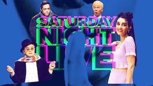 A photo illustration of the Saturday Night Live logo with Bowen Yang, Pete Davidson, Dana Carvey, and Chloe Fineman.