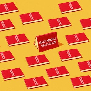 An illustration including photos of a red books and the MAGA logo